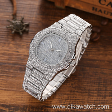 Stylish Men's Fashion Jewelry Watch Set 3 PCS Quartz Watches with Rhinestone Bracelet Necklace Punk Silver Wristwatch Set + Box